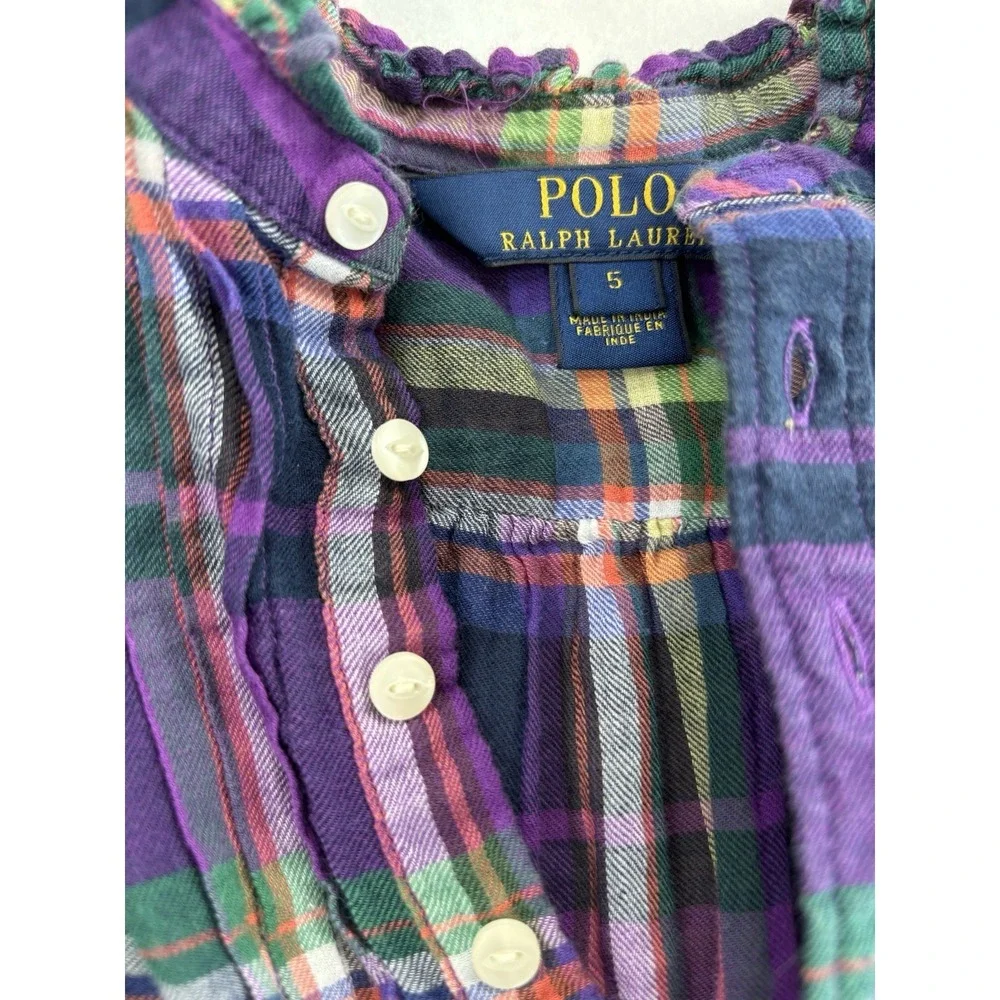 Polo Ralph Lauren Girls Plaid Shirt Dress Short Sleeve Button Front 5t Purple